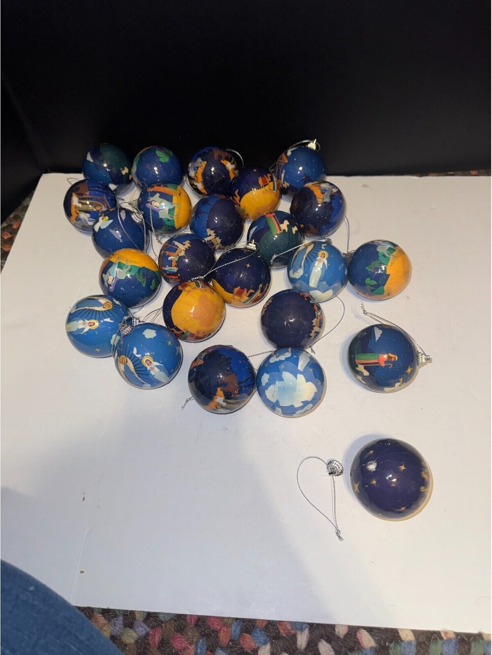 Lot of 24 Vintage Angel Nativity Jesus Christmas Ball Ornament Blue Folded Paper